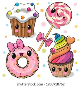 Set of Cute Cartoon sweets with eyes on the white background