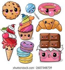 Set of Cute Cartoon sweets with eyes on the white background