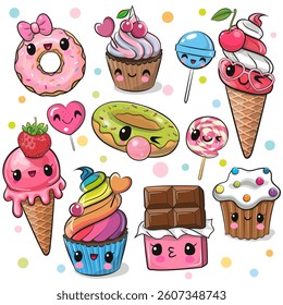 Set of Cute Cartoon sweets with eyes on the white background