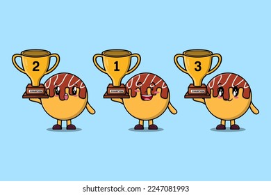 Set of cute cartoon Takoyaki holding trophy with happy expression in 3d modern style design