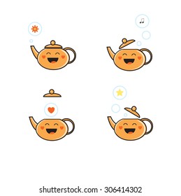 Set with cute cartoon teapots, hearts, flowers. Vector clip art.