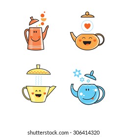 Set with cute cartoon teapots of various forms. Vector clip art.