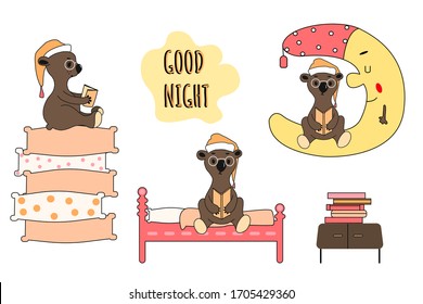 Set of cute cartoon Teddy bear in a hat on white background. The character reads a book, sits on the moon, sits on the bed, on pillows. Hand-drawn style. Vector illustration.for children s things.
