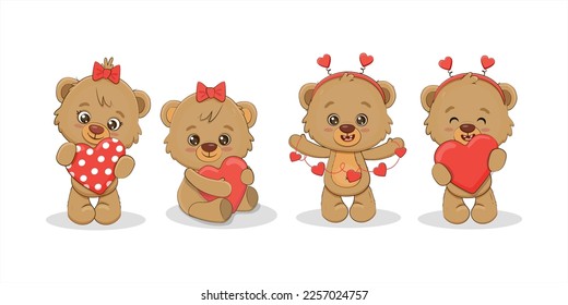 set of cute cartoon teddy bear with heart for your design. Valentine's day card. Vector illustration