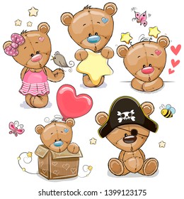 Set of Cute Cartoon Teddy Bears on a white background