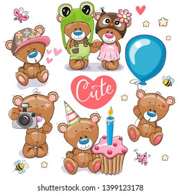 Set of Cute Cartoon Teddy Bears on a white background