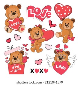 Conjunto de adorables osos de peluche con el corazón sobre un fondo blanco. Ilustración vectorial para el Día de San Valentín y el cumpleaños