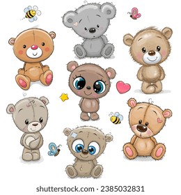 Set of Cute Cartoon Teddy Bears on a white background