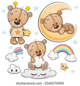 Set of Cute Cartoon Teddy Bears on a white background