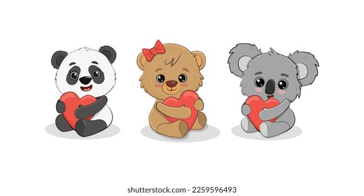 Set von süßen Cartoon Teddybären, Panda, Koala cub mit Herz für Ihr Design. Valentinstag-Karte.Vektorgrafik