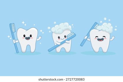 Conjunto de lindos dientes de dibujos animados sobre un fondo azul. Icono de limpieza de dientes. Diente divertido con cepillo de dientes. Concepto odontológico de higiene oral, cuidado dental para niños. Ilustración vectorial 
