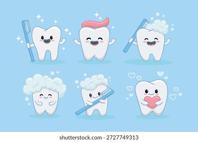Conjunto de lindos dientes de dibujos animados sobre un fondo azul. Icono de limpieza de dientes. Diente divertido con cepillo de dientes. Concepto odontológico de higiene oral, cuidado dental para niños. Ilustración vectorial 