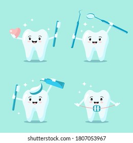 Set of cute cartoon teeth with toothbrush, instrument, toothpaste, brace, heart smiling and shining. Vector flat illustration. Dental concept. Design for banner, card, advertising, promotion clinic