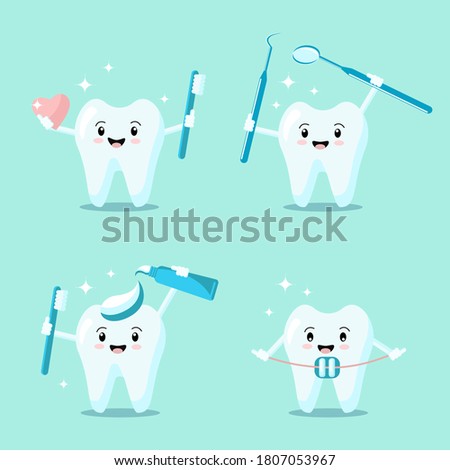 Set of cute cartoon teeth with toothbrush, instrument, toothpaste, brace, heart smiling and shining. Vector flat illustration. Dental concept. Design for banner, card, advertising, promotion clinic