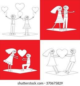 Set of cute cartoon templates about four couples in love for greeting cards.