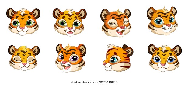 Set of cute cartoon tiger cubs heads. Vector isolated illustration. For postcard, posters, nursery design, greeting card, stickers, room decor, party, nursery t-shirt,apparel