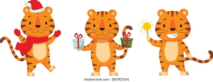 Set of cute cartoon tiger. Flat poster for prints, kids cards, posters, t-shirts, and funny avatars. Vector illustration. Greeting card.
