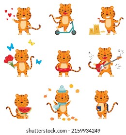 Set of cute cartoon tiger. Flat poster for prints, kids cards, posters, t-shirts, and funny avatars. Vector illustration. Greeting card.