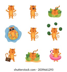 Set with a cute cartoon tiger on vacation. Tiger with a suitcase, with a camera, with a swimming circle