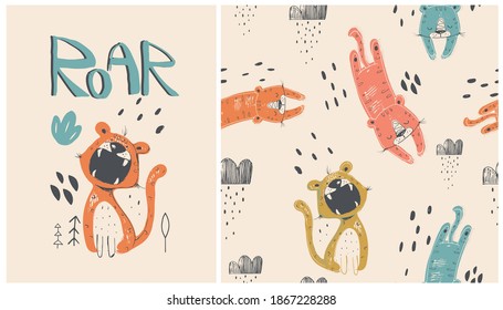Set of Cute cartoon Tiger with seamless pattern. Hand drawn vector illustration
