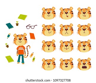 Set of cute cartoon tiger with various emotions. Vector animals set