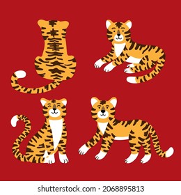 Set of cute cartoon tigers in different poses isolated vector illustration. Symbol of chinese holiday, 2022 new year character. Wildlife and fauna theme, cat jungle, wild mammal mascot
