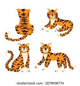 Set of cute cartoon tigers in different poses isolated vector illustration. Symbol of chinese holiday, 2022 new year character. Wildlife and fauna theme, cat jungle, wild mammal mascot