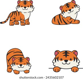 Set of cute cartoon tigers in different poses. Vector illustration isolated on white background.