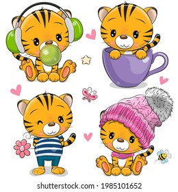 Set of Cute Cartoon Tigers isolated on a white background