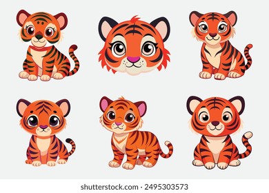 Set of cute cartoon tigers on a white background, Vector Art illustration, combo pack, eps