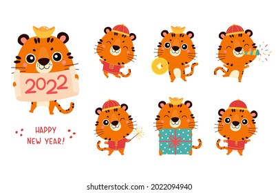 Set of cute cartoon tigers in traditional chinese costume. New year tigers with various festive attributes. Chinese new year 2022 symbol. Character design concept. Cartoon vector illustration.