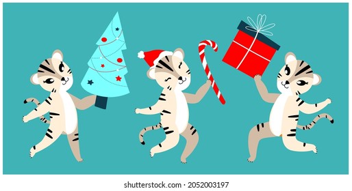 Set of Cute Cartoon Tigers,Cats Greeting Cards.New year with Christmas Festive Attributes.Chinese New Year 2022 Symbol.Holiday Animals Set.Design of Calendars,Cards,Advertising.Vector illustration