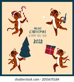 Set of Cute Cartoon Tigers,Cats Greeting Cards.New year with Christmas Festive Attributes.Chinese New Year 2022 Symbol.Holiday Animals Set.Design of Calendars,Cards,Advertising.Vector illustration