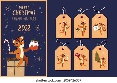 Set of Cute Cartoon Tigers,Predator Cats Greeting Christmas Tags.Christmas Festive Attributes. Greetings Elements.Paper Labels,Chinese New Year Symbol.Holiday Animals Set.Vector Illustration