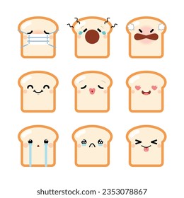 Set of cute cartoon toast bread emoji set isolated on white background. Vector Illustration.