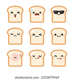 Set of cute cartoon toast bread emoji set isolated on white background. Vector Illustration.