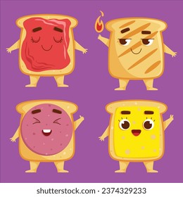 set cute cartoon toast character with jam slice sausage cheese vector design illustration