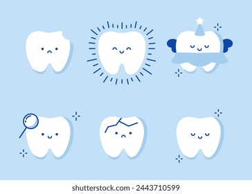 Set of cute cartoon tooth characters. Happy cute tooth cheerful smiling. Dental personage vector illustration. Illustration for children dentistry. Oral hygiene, teeth cleaning. Teeth sticker