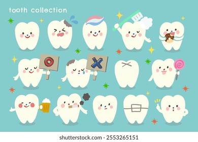 Conjunto de lindos personajes de dibujos animados de dientes. Feliz diente lindo sonriente alegre. Ilustración vectorial de personaje dental. Ilustración para odontología infantil. Higiene bucal, limpieza dental.