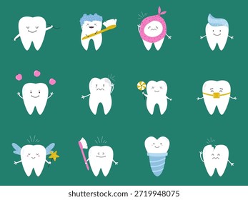 Set of Cute Cartoon Tooth Characters with Different Emotions and Dental Tools to Illustrate Professional Stomatology Concepts.