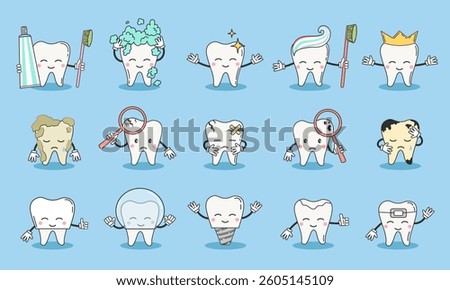 Set of cute cartoon tooth characters and dental oral hygiene illustrations. Dental care concept for kids. Toothpaste and toothbrush. Dental clinic mascot. Flat vector illustration