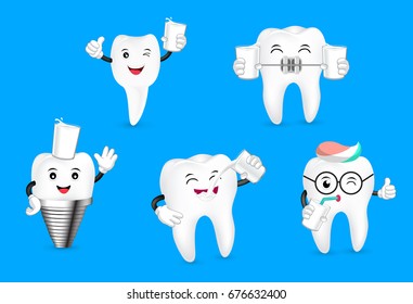 Set of cute cartoon tooth drinking milk. friends forever. Milk is good for teeth.  Dental care concept. Illustration isolated on blue background.