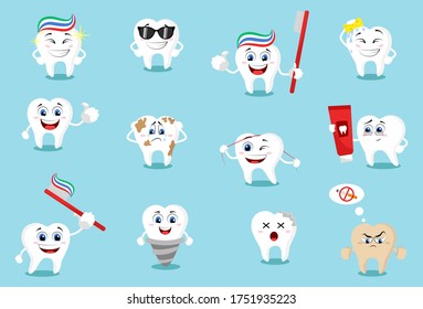 Set of cute cartoon tooth emoticons with different facial expressions. Teeth mega set. Big dental collection for your design. 