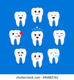 Set of cute cartoon tooth emoticons with different facial expressions. Dental care concept. Illustration isolated on blue background.