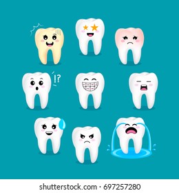 Set of cute cartoon tooth emoticons with different facial expressions. Dental care concept. Illustration isolated on green background.