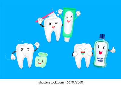 Set of cute cartoon tooth with friends, toothpaste, dental floss and mouthwash. Dental care concept. Illustration isolated on blue background.