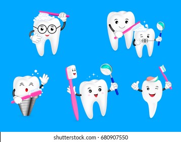 Set of cute cartoon tooth holding toothbrush. Dental care concept. Illustration isolated on blue background.