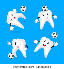 Set of cute cartoon tooth playing soccer ball. Mascot character, sport concept. Illustration isolated on blue background.