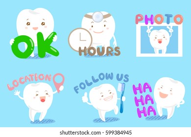 set of cute cartoon tooth with web design text and icons