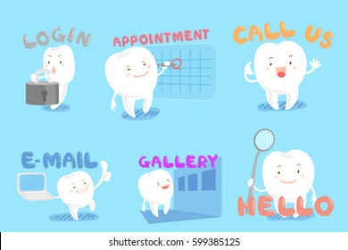 set of cute cartoon tooth with web design text and icon